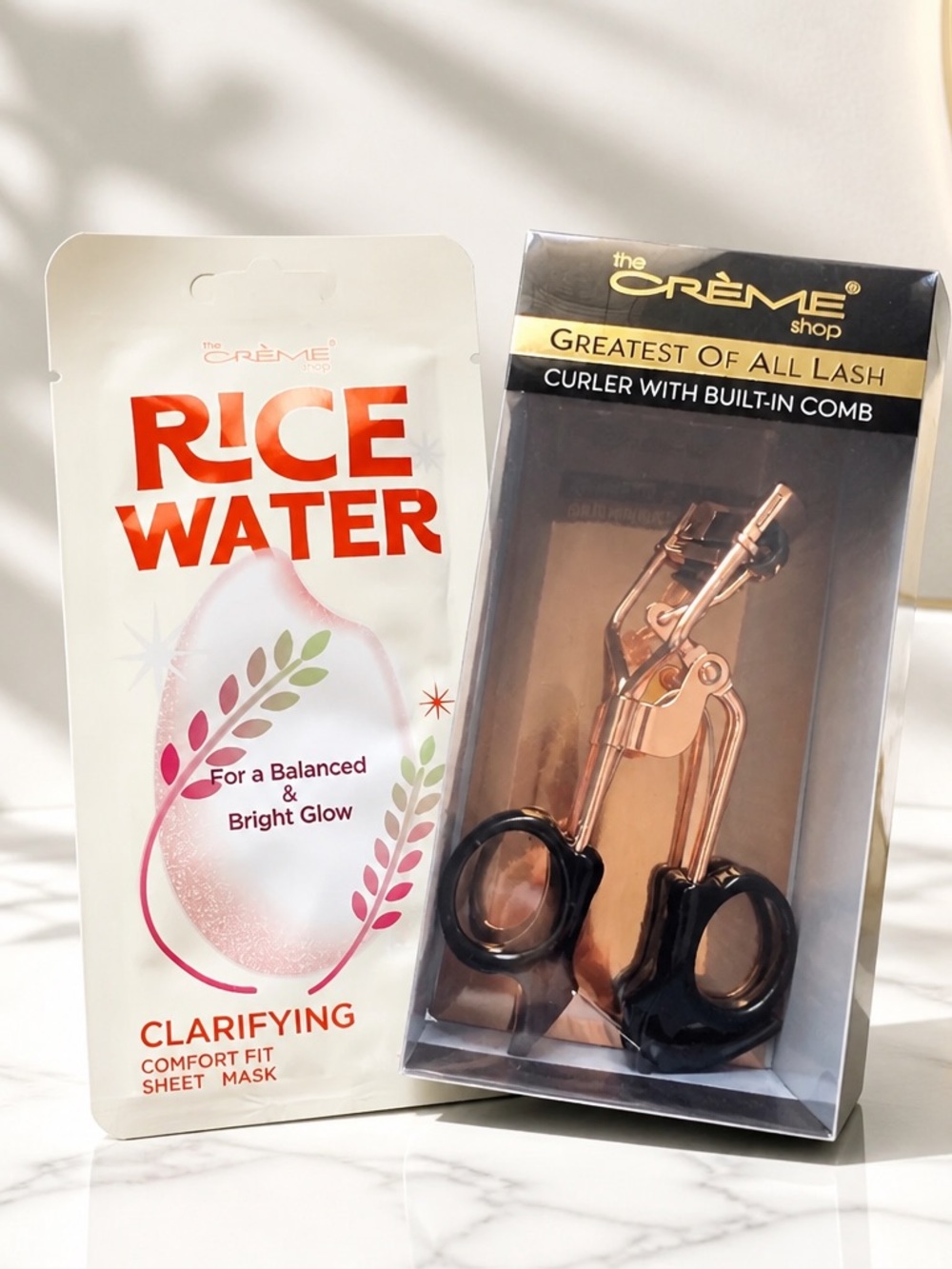 NIB Creme Shop Lash Curler Built in Comb & Rice Water Clarifying Facial Mask